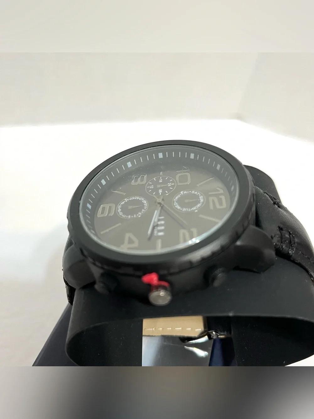 Men's Black Chronograph Watch Multi Dial Leather Strap Icon New York MIB